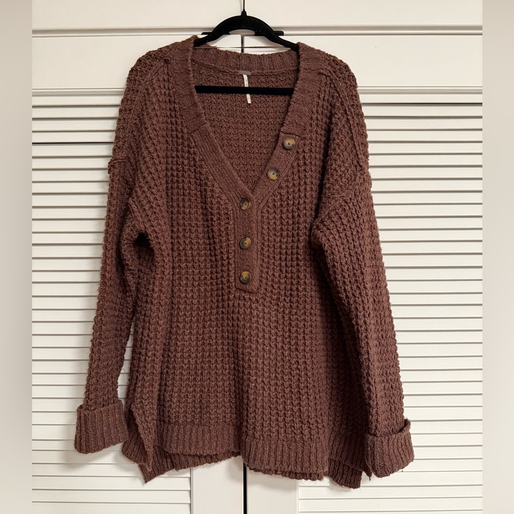 Free People Mauve Brown Knit Button Henley Sweater
